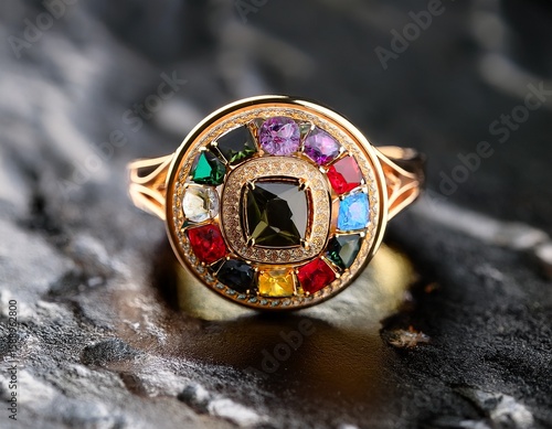 elegant gold ring adorned with multicolored gemstones on textured stone surface