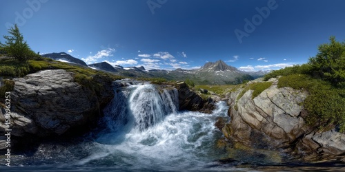 Breathtaking waterfall 360 degrees panorama mountain range hdr environment nature view