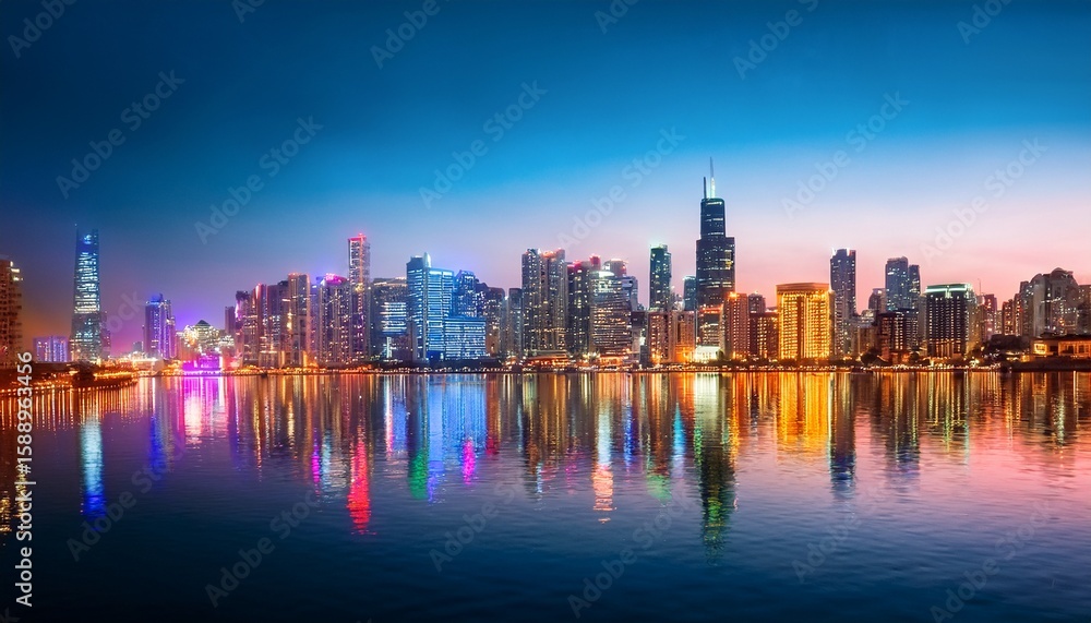 Fototapeta premium vibrant city skyline illuminated with colorful lights reflecting on water