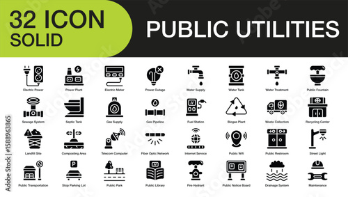 public utilities set of web icons in solid style. Containing electric power, power plant, electric meter, power outage, water supply, water tank, water treatment, and more. High Quality