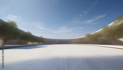 empty concrete floor in city park 3d rendering of outdoor space and architecture with blue sky background