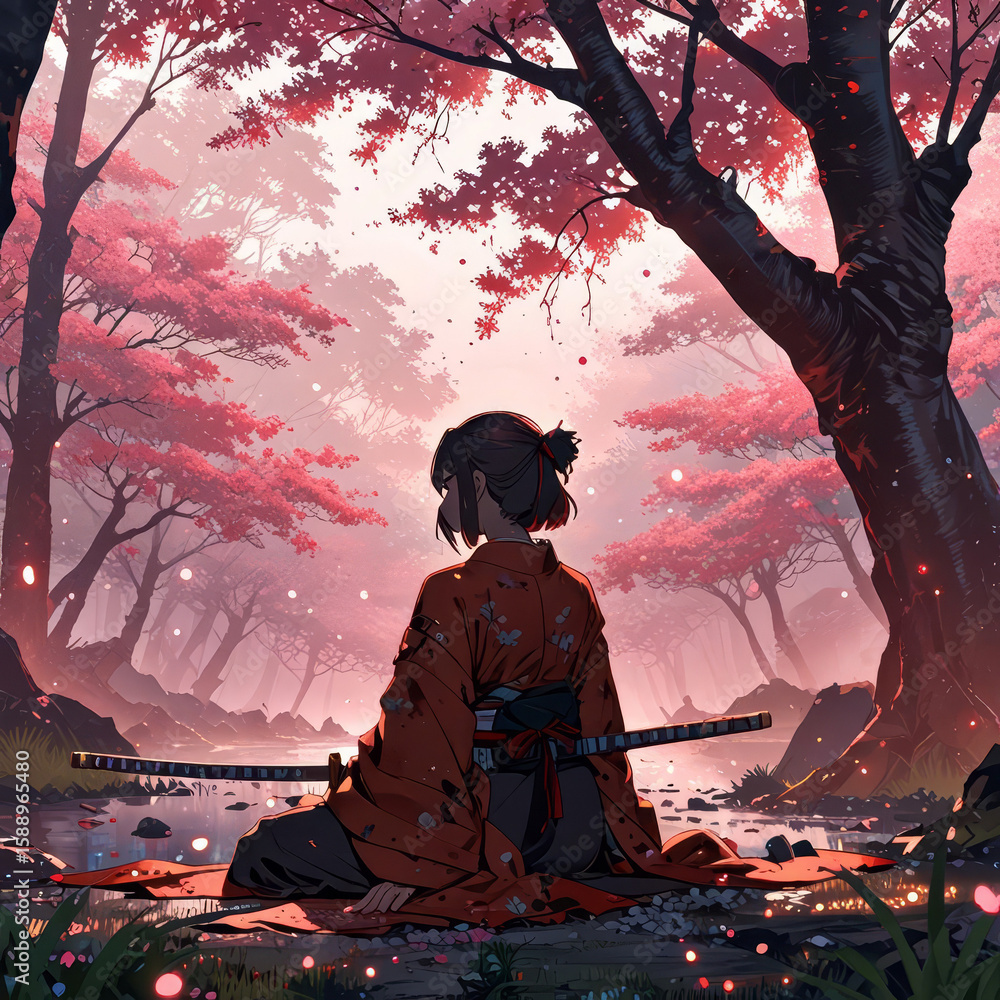 Fototapeta premium Samurai Awakening in Sakura Forest