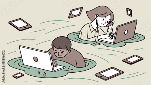 People drowning in a sea of technology with laptops and tablets showing stress and overwhelm feeling