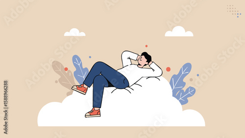 Man relaxing on a cloud dreaming of serenity