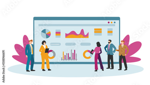 Illustration of a business team analyzing data charts and graphs on a large computer screen