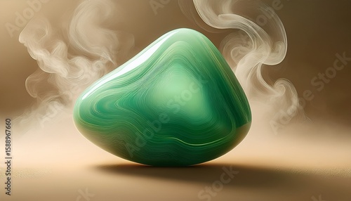 jade stone hovering over a soft beige backdrop surrounded by swirling green mist minimalist luxury gem