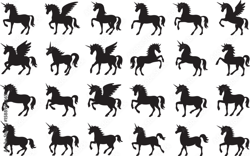 Fototapeta premium Black silhouettes of unicorns and winged horses pegasus