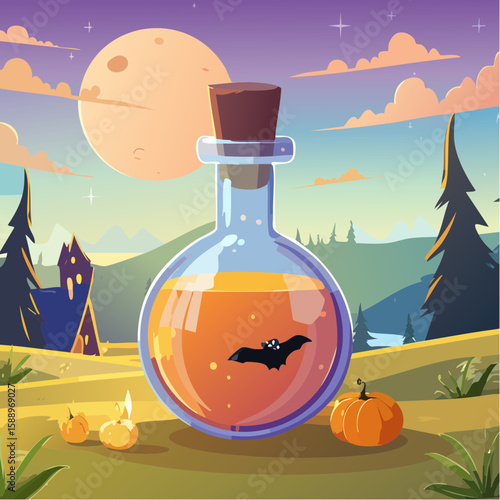 Magic potion bottle or Halloween witch elixir and poison drink