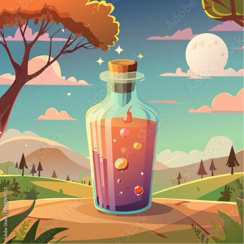 Magic potion bottle or Halloween witch elixir and poison drink
