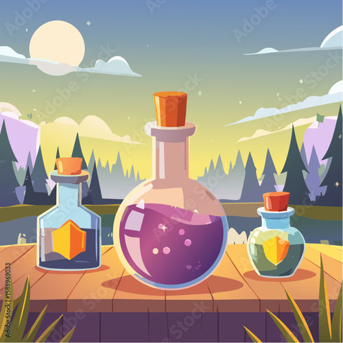 Magic potion bottle or Halloween witch elixir and poison drink