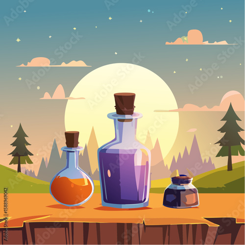 Magic potion bottle or Halloween witch elixir and poison drink