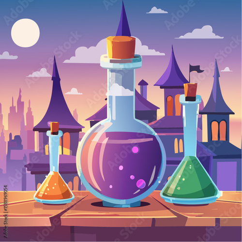 Magic potion bottle or Halloween witch elixir and poison drink