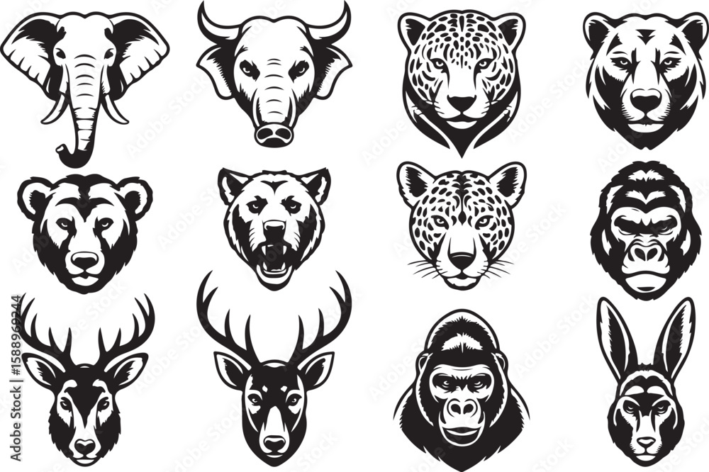 Fototapeta premium Collection of twelve animal heads in black and white elephant bull