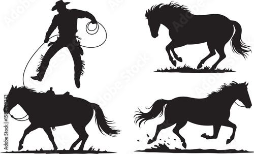 Cowboy lassoing horse and galloping horses rope