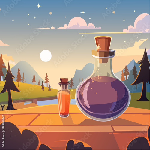 Magic potion bottle or Halloween witch elixir and poison drink