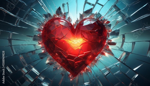 glowing red heart in shattered glass n symbol of emotional vulnerability and strength