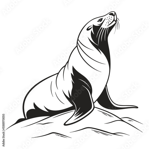 A stylized illustration of a sea lion sitting