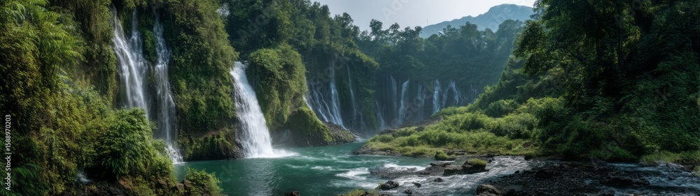 Fototapeta premium Majestic waterfall action lush nature landscape 360 degrees hdr panoramic view tranquil environment