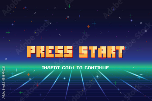 PRESS START. pixel art. 8 bit game. retro game. for game assets .Retro Futurism Sci-Fi Background. glowing neon grid. and stars from vintage arcade computer games