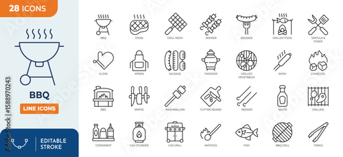 BBQ line editable icon set. Contain icons related to BBQ barbecue and grill icons. Editable stroke. Vector illustration