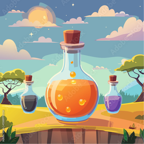 Magic potion bottle or Halloween witch elixir and poison drink