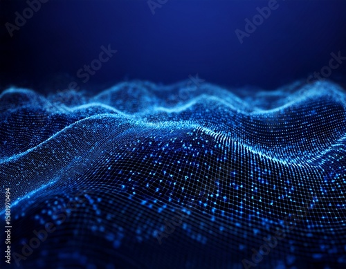 blue spheres or dots wave grid on dark blue background abstract data technology background selective focus