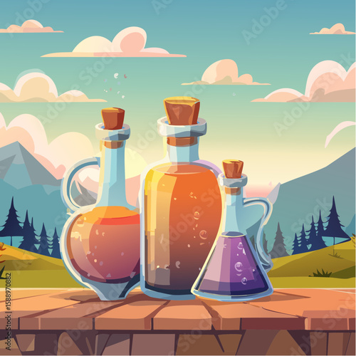 Magic potion bottle or Halloween witch elixir and poison drink