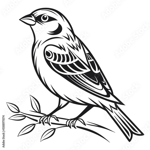A stylized black and white illustration of a sparrow