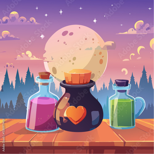 Magic potion bottle or Halloween witch elixir and poison drink