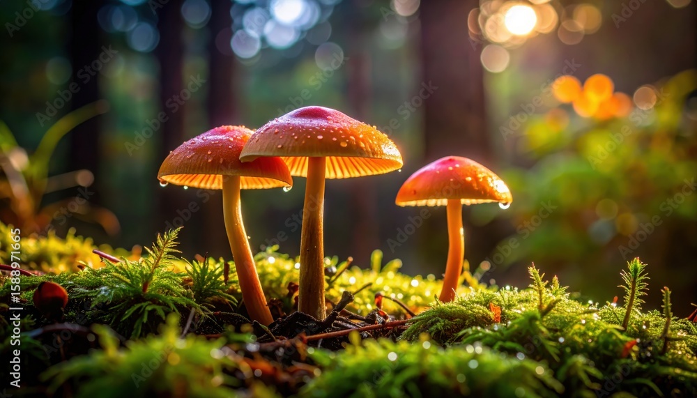 Fototapeta premium Close-up of colorful mushrooms in a sunlit forest, showcasing dewy caps and vibrant greenery.