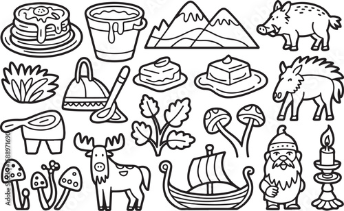 Stacked pancakes bucket mountains wild boars moose viking ship gnome candle syrup