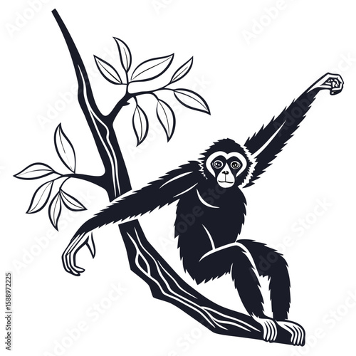 A gibbon monkey hangs from a tree branch