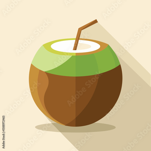 flat vector coconut drink resting on sand with gentle waves,