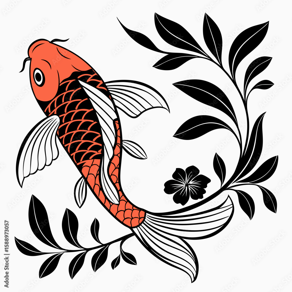 Obraz premium An orange and black koi fish with plants and a flower