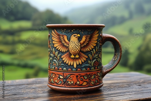 Majestic Golden Eagle Cup on Rustic Wooden Table