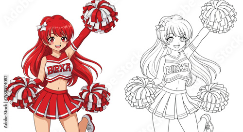 Anime Girl in Cheerleader Costume Coloring Sheet Displaying Full Color and Outline Art
