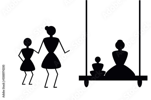 Indian Tribal Art showing park view where One mother and child are sitting on a swing, while another mother and daughter stand nearby and waiting for their turn. 