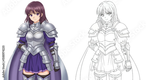 Anime Girl in Fantasy Armor Coloring Sheet Offering Rich Color and Clean Line Art Styles