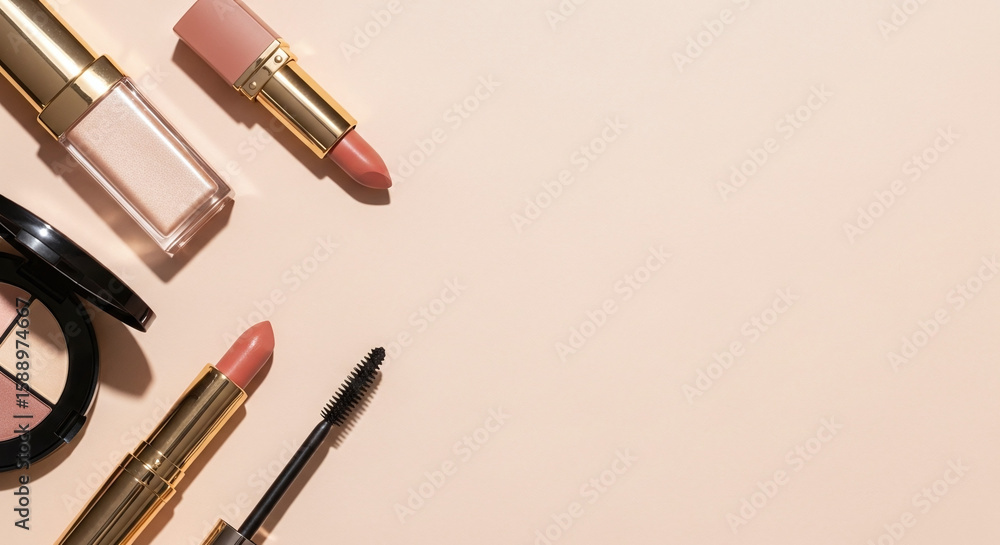Obraz premium Elegant Makeup Products on Beige Background. Ai generation