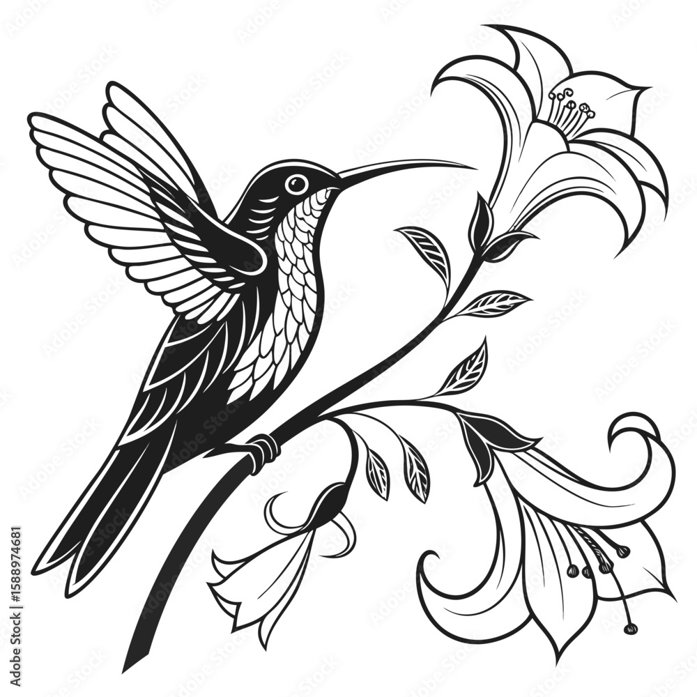 Obraz premium A hummingbird feeding on a flower isolated on white