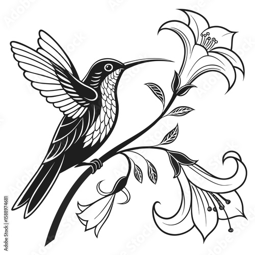 A hummingbird feeding on a flower isolated on white