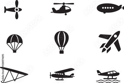 Collection of nine black silhouette aviation icons including airplanes helicopters blimps parachutes and hot air balloons isolated on transparent background