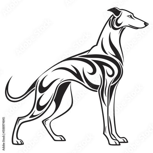 Graceful sighthound dog with tribal patterns, isolated