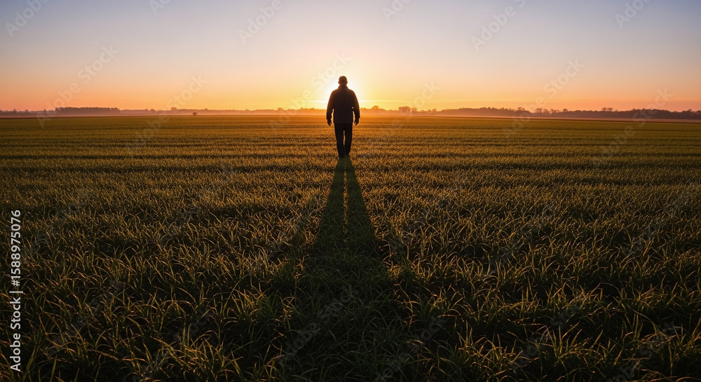 Fototapeta premium Silhouette of person walking in sunrise field. Ai generation