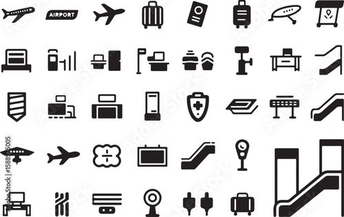 Collection of airport and travel icons including airplanes luggage and escalators isolated on transparent background