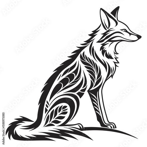 Stylized coyote with ornamental tribal patterns sits