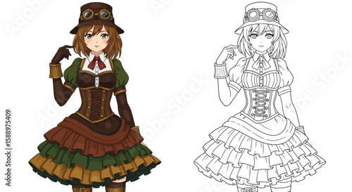 Anime Girl in Steampunk Outfit Coloring Page with Colored and Intricate Outline Looks