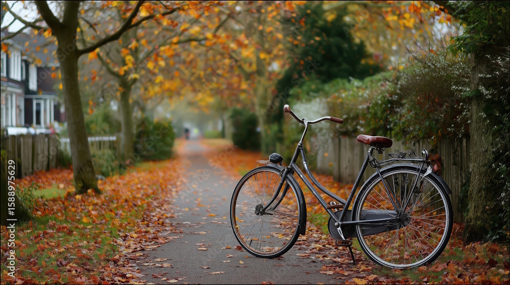 Fototapeta premium Vintage bicycle parked on a picturesque pathway surrounded by autumn foliage, showcasing vibrant leaves and a serene atmosphere, perfect for outdoor leisure and exploration