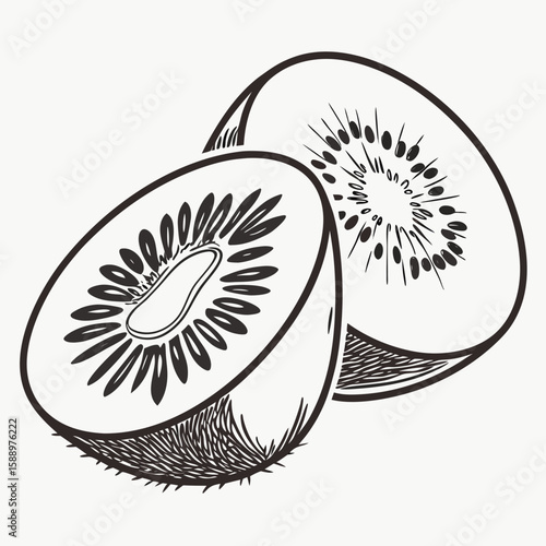 Two halves of a kiwi fruit with decorative patterns