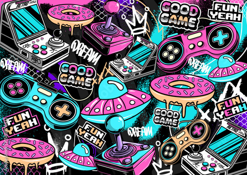 Graffiti gaming background vector  illustration. Colorful Retro video game elements in graffiti style